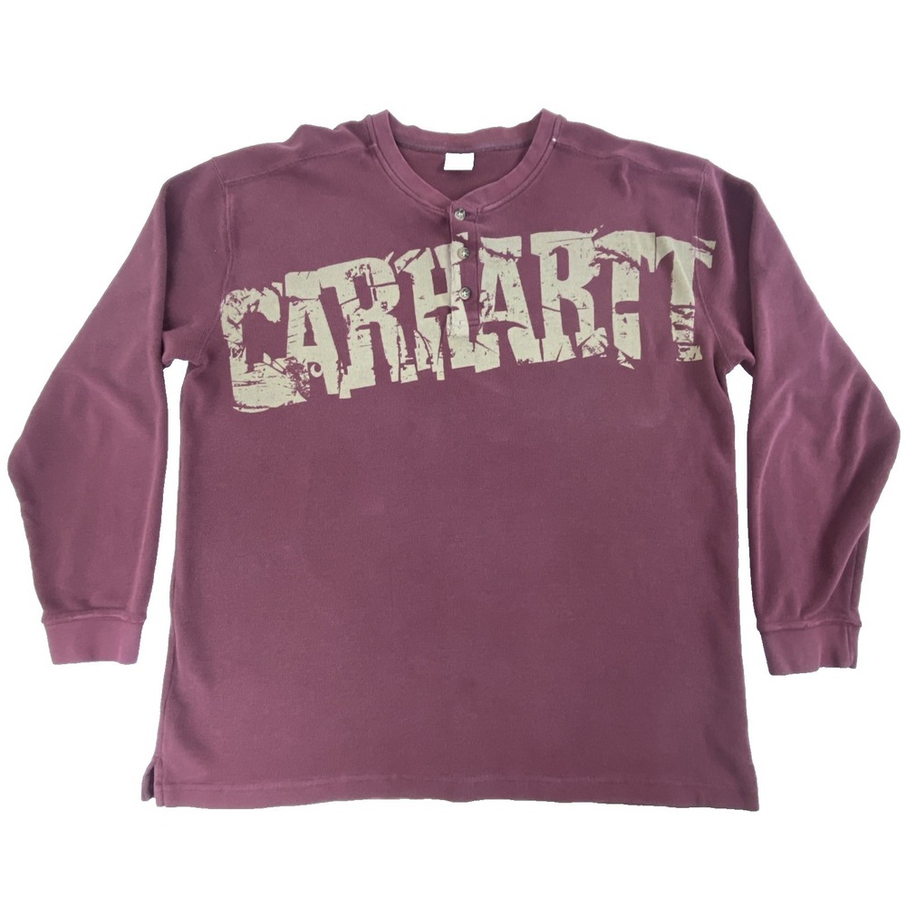 Carhartt Waffle Knit Thermal Shirt Size XL Burgundy Long Sleeve Logo Button-Up